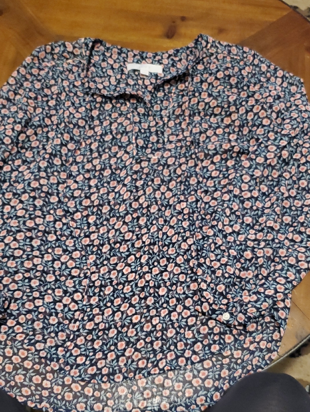 LOFT Navy Button-Up Blouse with Pink Floral Pattern